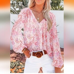Women's Pink Paisley Floral V-Neck Long Sleeve Chiffon Bohemian Blouse-2XL
